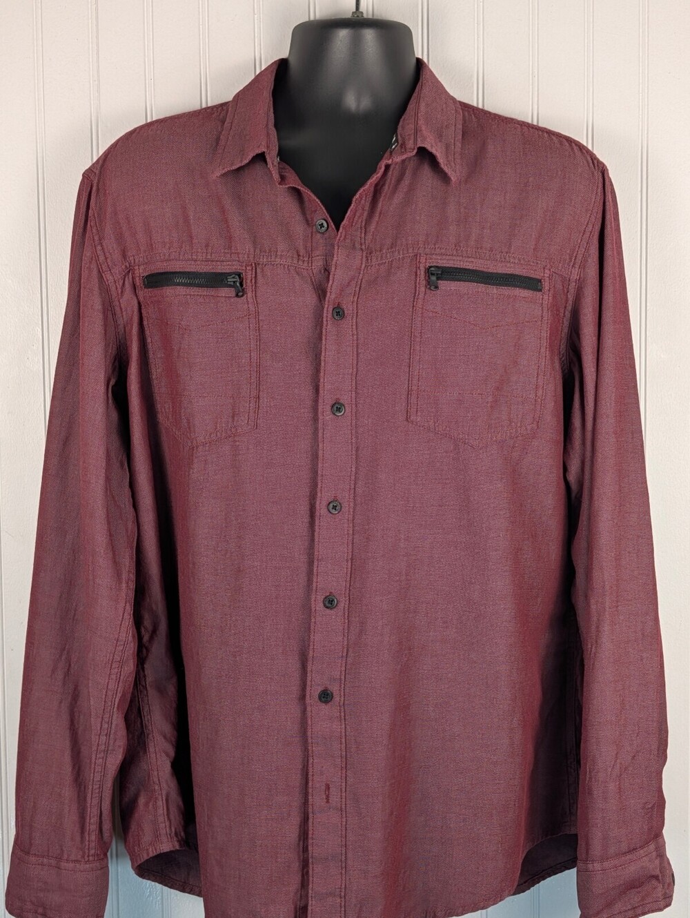 Rock & Republic Men's Burgundy Button Up Long Sleeve Shirt Zipper Pockets XL